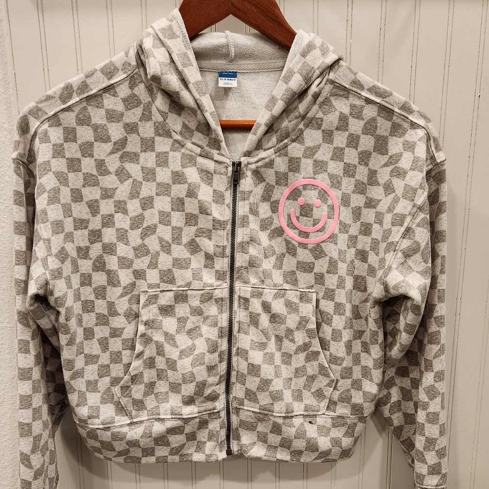 Cropped Checkered Smiley Face Hoodie, Girls
